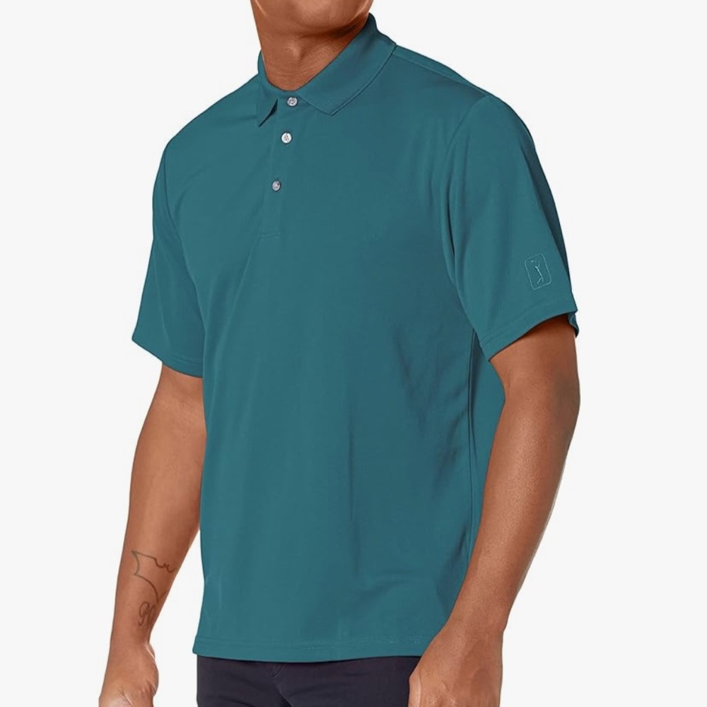 PGA TOUR Men's Short Sleeve Airflux Solid Mesh Polo Shirt in green heron